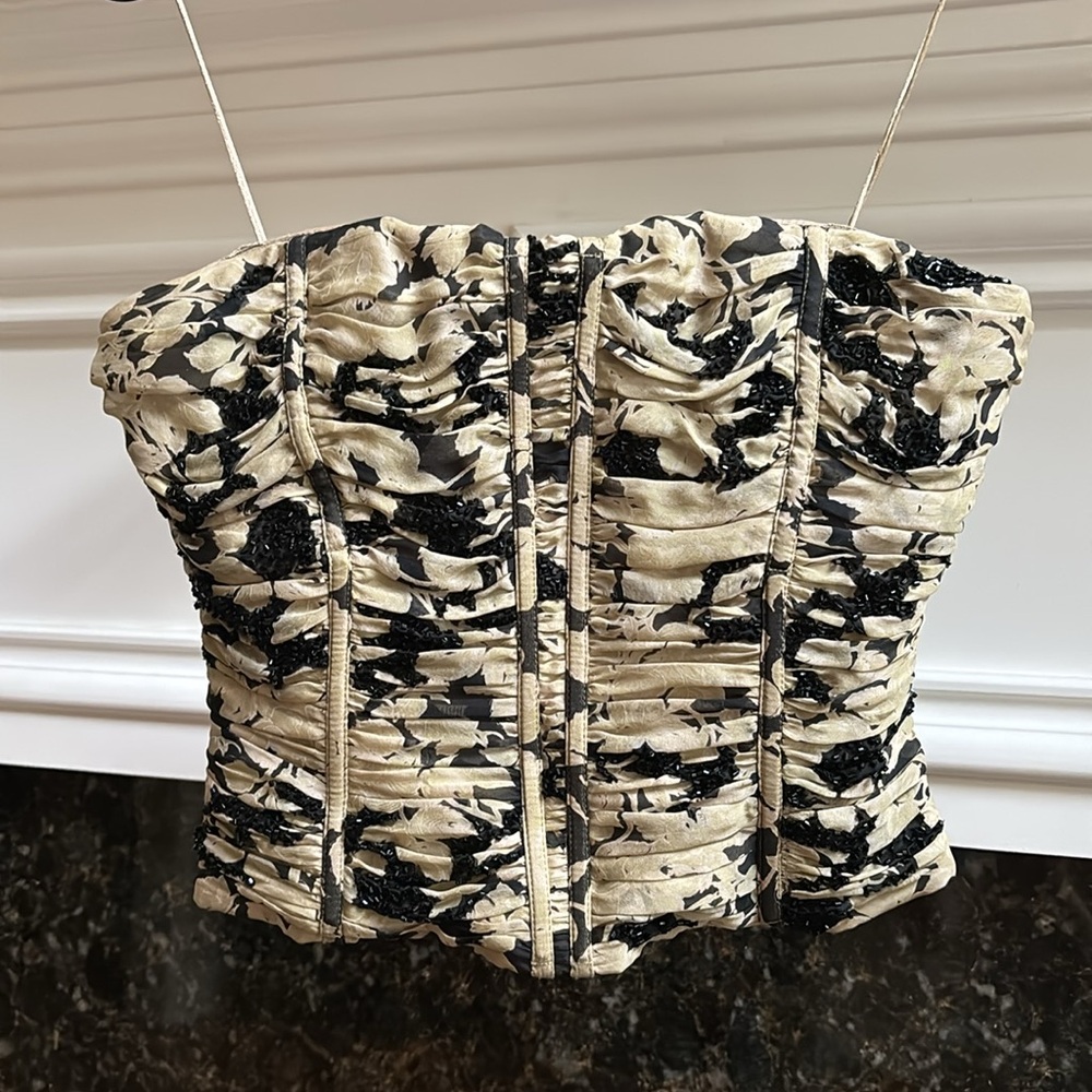 Carmen Marc Valvo floral silk chiffon beaded bonned bustier corset top sz.0